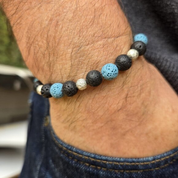 Black and Blue 8mm Lava Stone Bracelet with 6mm Silver Star Burst Spacer Beads - Picture 3 of 7